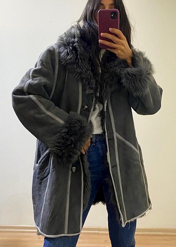 Gri Tüylü Midi Süet Kadın Kaban - Görsel 2