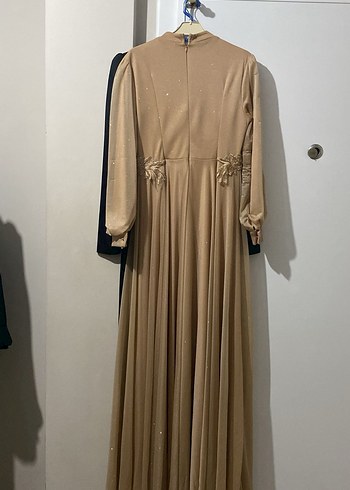 Bej Uzun Kollu Drapeli Kadın Abiye Elbise - Görsel 4