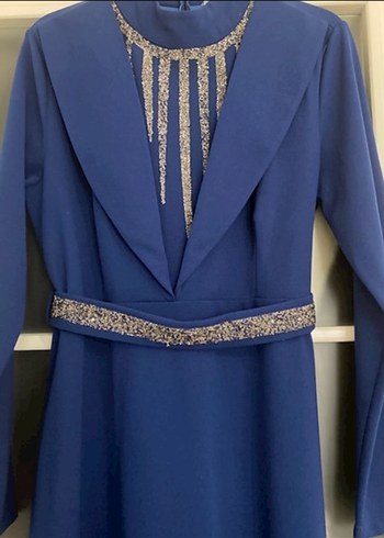 Kemer Detaylı Lacivert Uzun Kadın Elbise - Görsel 3