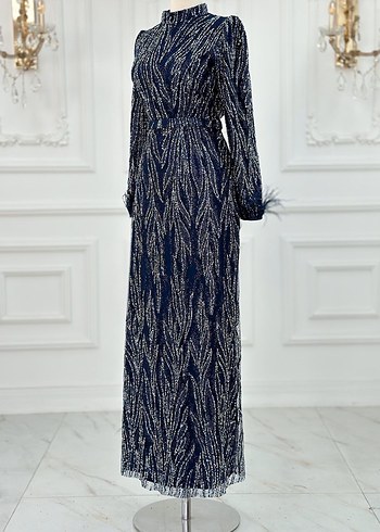 Boncuk İşlemeli Lacivert Uzun Abiye Elbise - Görsel 2