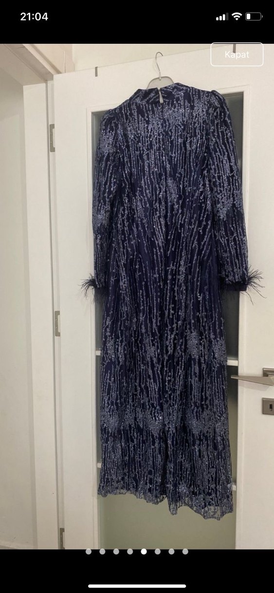 Boncuk İşlemeli Lacivert Uzun Abiye Elbise - Görsel 5