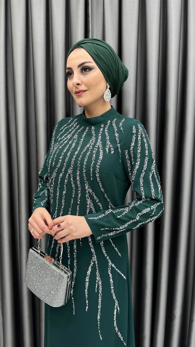 Kadın Uzun Payetli Nakışlı Elbise - Görsel 4