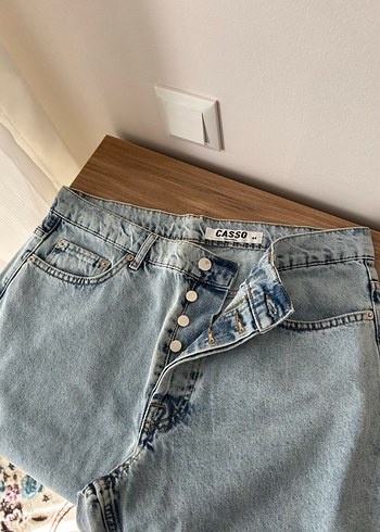 Düğmeli Gri Kadın Bol Kesim Denim Pantolon - Görsel 3
