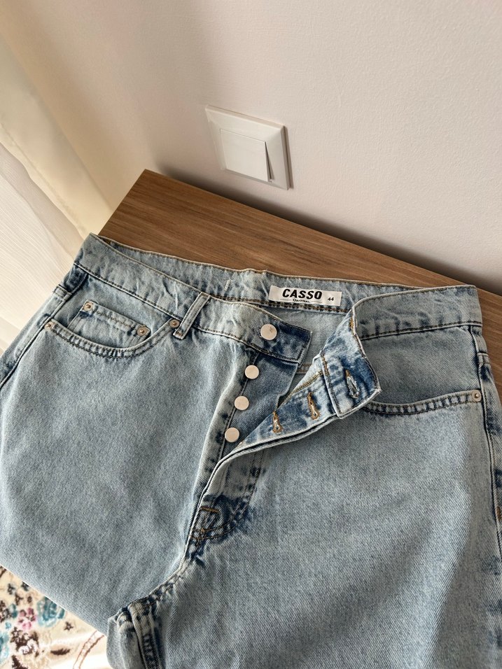 Düğmeli Gri Kadın Bol Kesim Denim Pantolon - Görsel 3