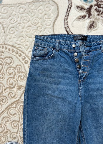 Düğmeli Bol Kesim Kadın Mavi Denim Jean - Görsel 3