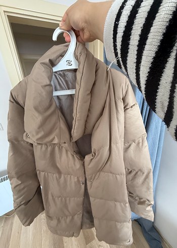 Bej Midi Düğmeli Kadın Kışlık Mont - Görsel 3