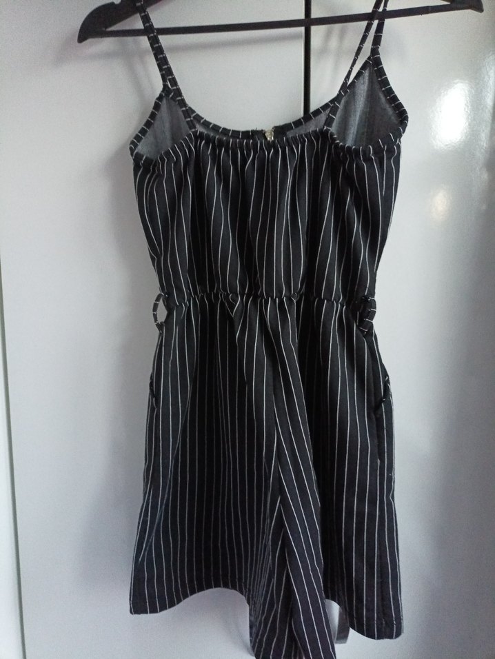 Çizgili Siyah Kadın Kısa Tulum - Görsel 2