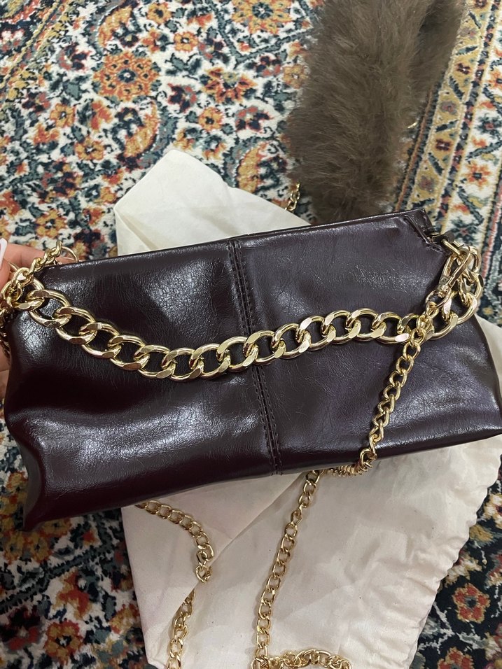 Zincir Detaylı Kahverengi Deri Kadın Çanta - Görsel 2