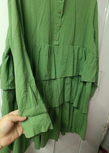 Zara Yeşil Keten Mini Bohem Fırfırlı Tunik