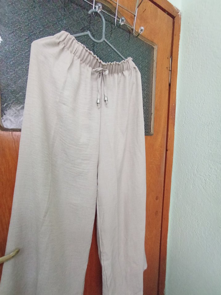 Bej Bol Kesim Keten Kadın Pantolon - Görsel 2