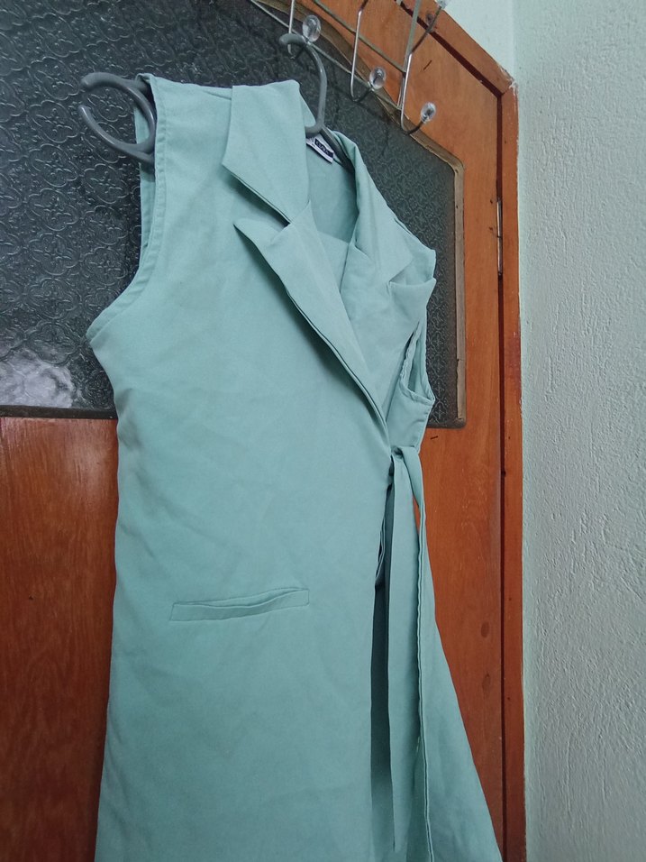 Turkuaz Kemerli Uzun Kolsuz Kadın Yelek pantolon ikili takım - Görsel 2