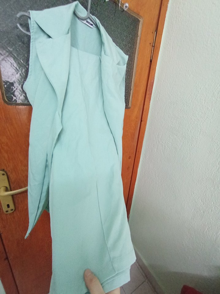 Turkuaz Kemerli Uzun Kolsuz Kadın Yelek pantolon ikili takım - Görsel 3