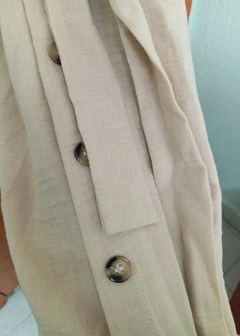 Bej Düğmeli Uzun Keten Elbise - Görsel 3