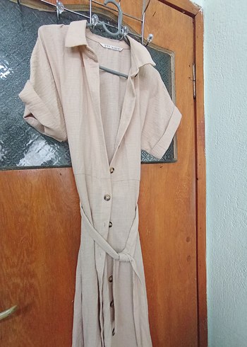 Bej Düğmeli Uzun Keten Elbise - Görsel 4