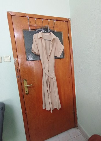 Bej Düğmeli Uzun Keten Elbise - Görsel 2