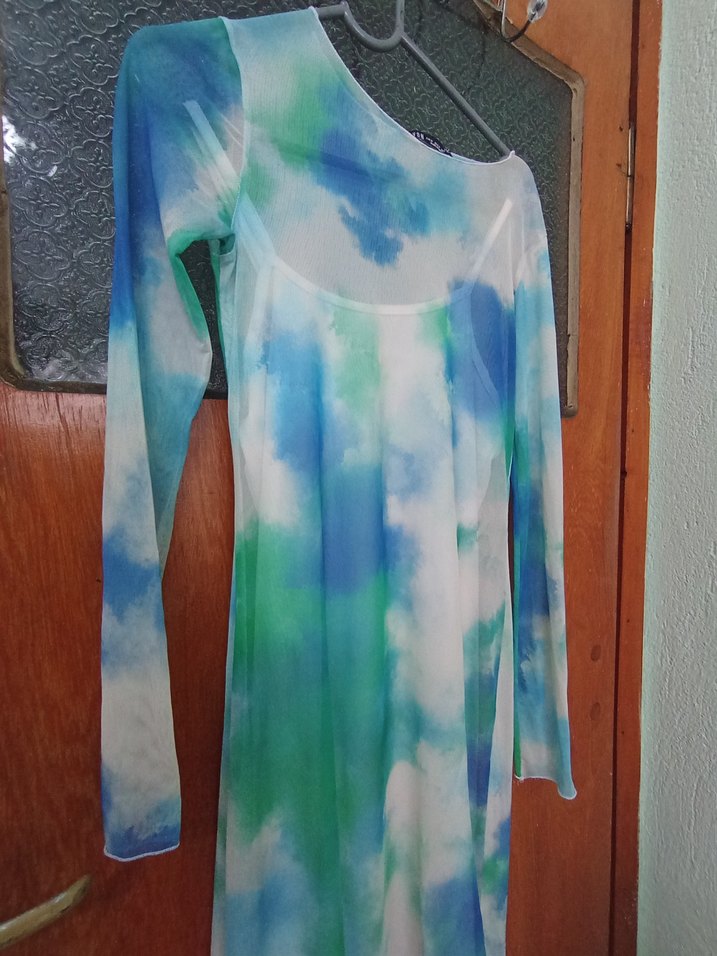 Uzun Kol Bağlama Desenli Bohem Elbise - Görsel 2