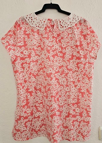 xl Beden Dantel Yaka Pembe Çiçekli Vintage Bluz