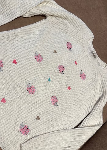 Nakışlı Beyaz Bohem Kız çocuk Triko Kazak - Görsel 3