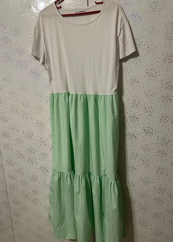 Yeşil Beyaz Pamuklu Uzun Salaş Elbise - Görsel 3