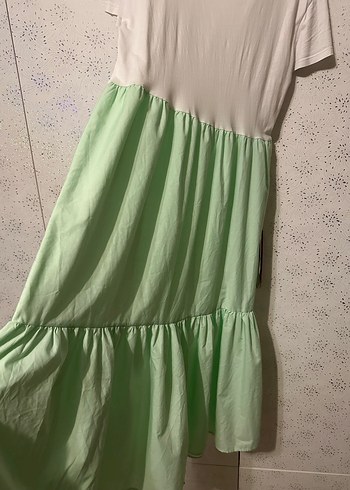 Yeşil Beyaz Pamuklu Uzun Salaş Elbise - Görsel 2