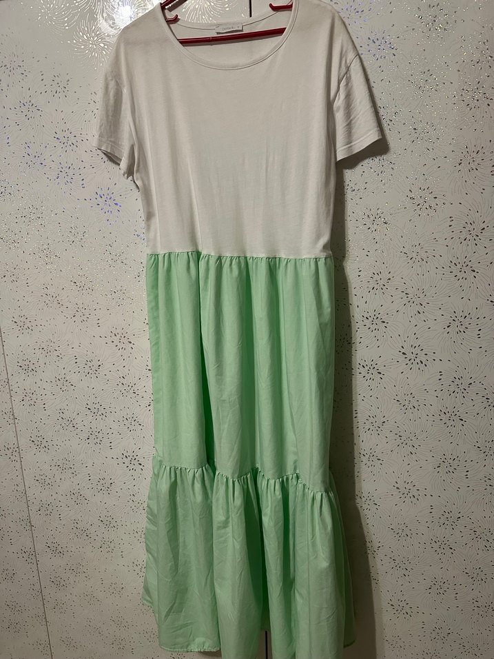 Yeşil Beyaz Pamuklu Uzun Salaş Elbise - Görsel 3