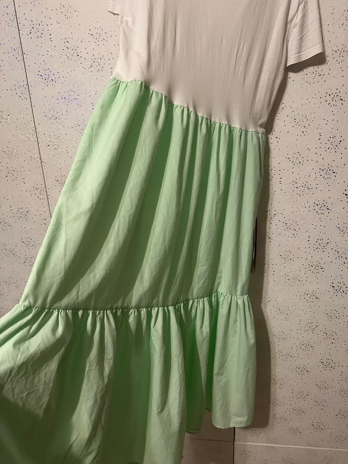 Yeşil Beyaz Pamuklu Uzun Salaş Elbise - Görsel 2