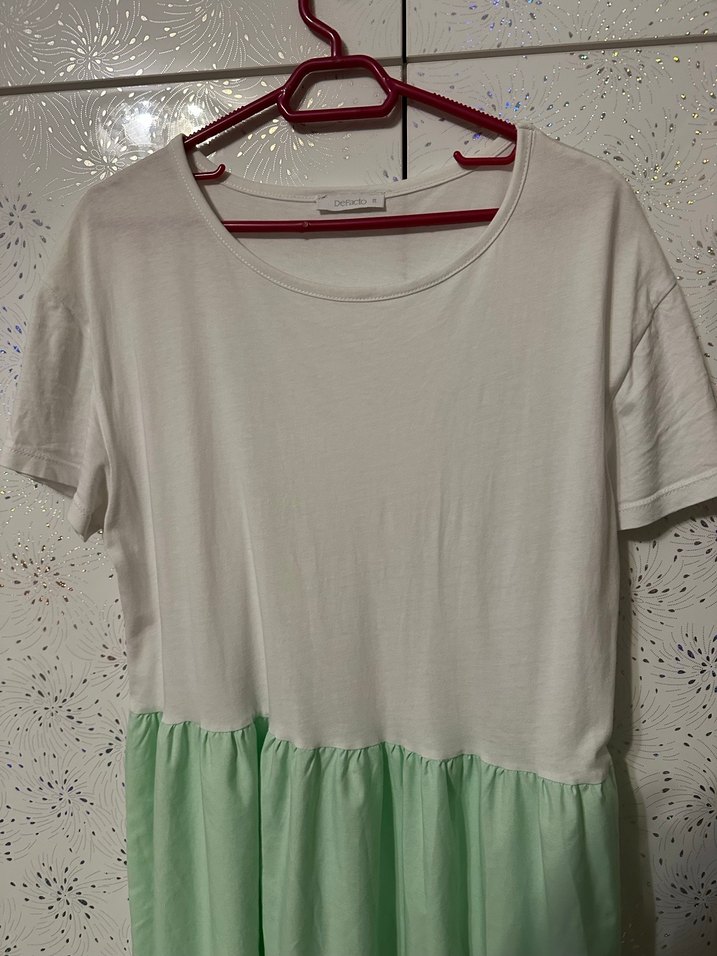 Yeşil Beyaz Pamuklu Uzun Salaş Elbise - Görsel 4