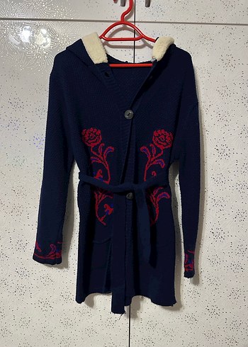 Nakışlı Kadın Mavi Triko Midi Kaban - Görsel 5