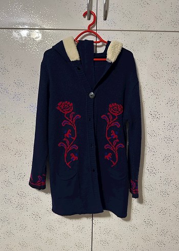 Nakışlı Kadın Mavi Triko Midi Kaban - Görsel 2