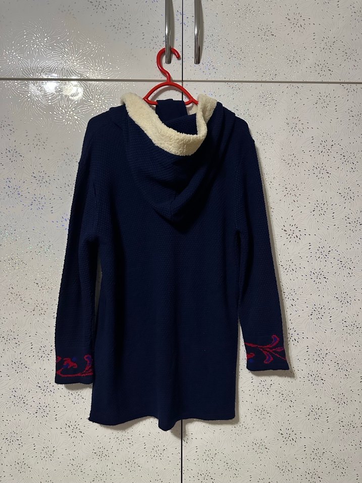 Nakışlı Kadın Mavi Triko Midi Kaban - Görsel 3