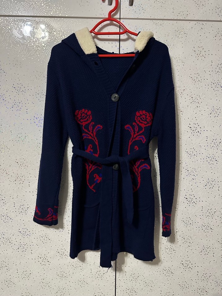 Nakışlı Kadın Mavi Triko Midi Kaban - Görsel 5