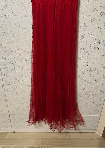 Kırmızı Uzun Askılı Fırfırlı Abiye Elbise - Görsel 6