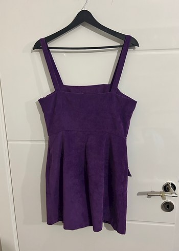 Mor Süet Askılı Koton Mini Salopet Elbise - Görsel 2