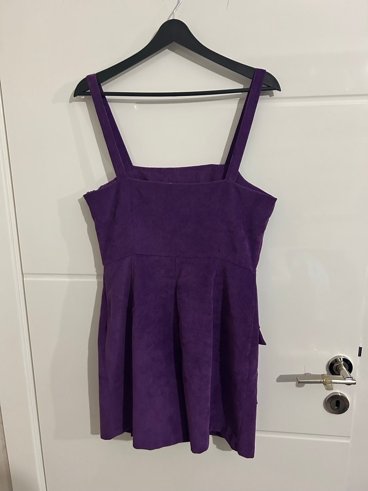 Mor Süet Askılı Koton Mini Salopet Elbise - Görsel 2