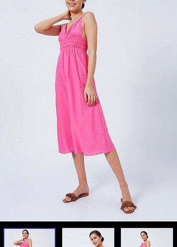 Pembe V Yakalı Uzun Askılı Elbise - Görsel 3