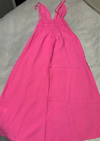 Pembe V Yakalı Uzun Askılı Elbise - Görsel 4