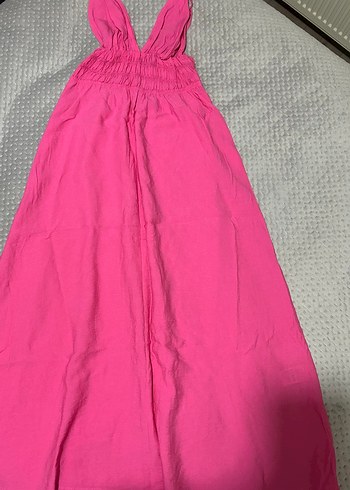 Pembe V Yakalı Uzun Askılı Elbise - Görsel 5