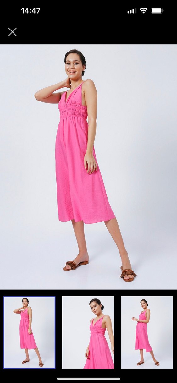 Pembe V Yakalı Uzun Askılı Elbise - Görsel 3