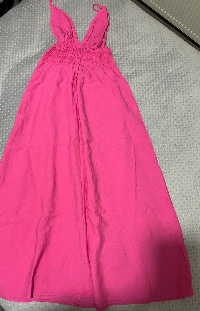 Pembe V Yakalı Uzun Askılı Elbise - Görsel 5