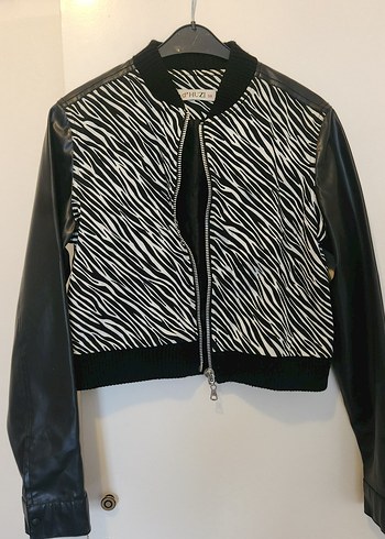 Zebra Desenli Deri Kadın Bomber Ceket