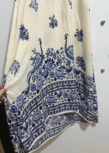 Mavi Çiçek Desenli Bohem Uzun Elbise - Görsel 2