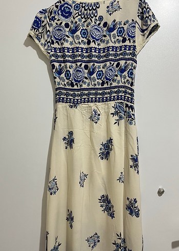 Mavi Çiçek Desenli Bohem Uzun Elbise - Görsel 4