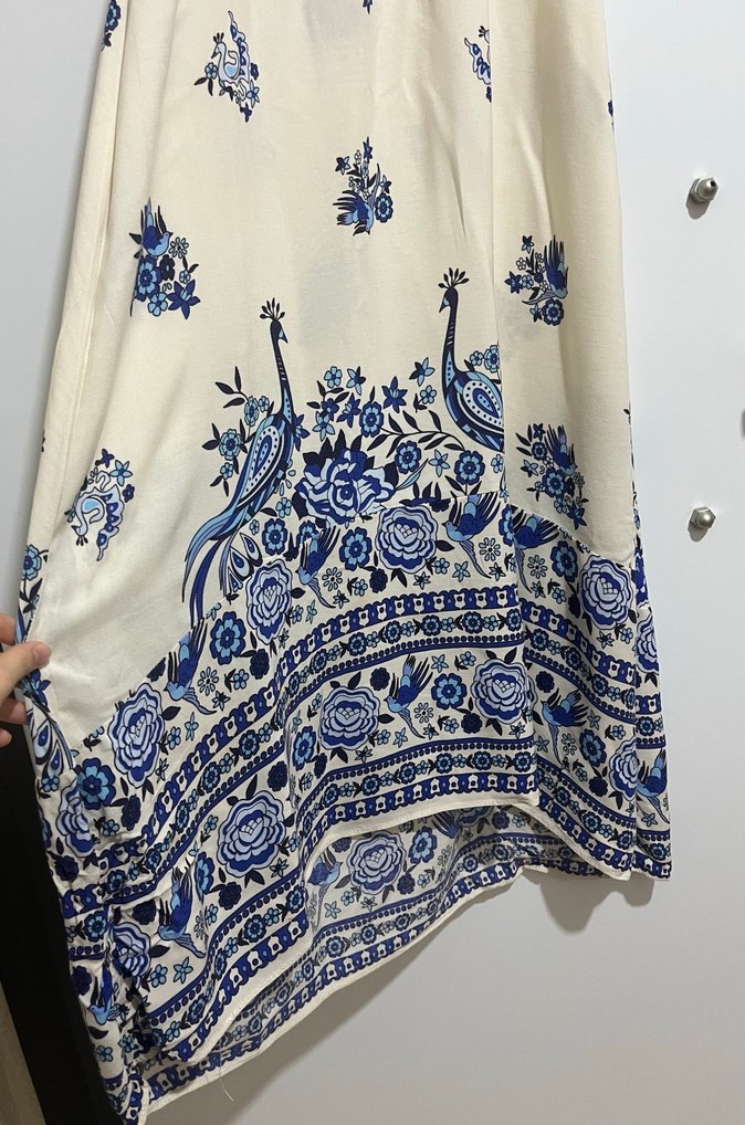 Mavi Çiçek Desenli Bohem Uzun Elbise - Görsel 2