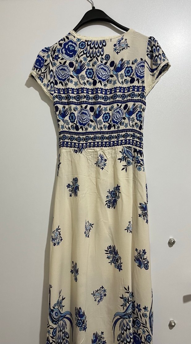 Mavi Çiçek Desenli Bohem Uzun Elbise - Görsel 4