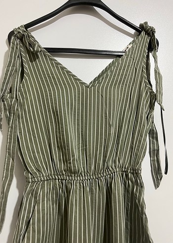 Çizgili V Yaka Kadın Tulum - Görsel 4