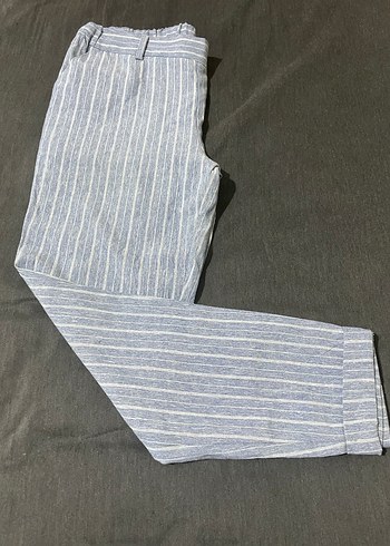 Gri Çizgili Kadın Keten Pantolon - Görsel 2