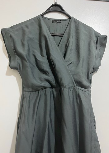 Gri Keten Kadın Uzun Elbise V Yakalı - Görsel 2