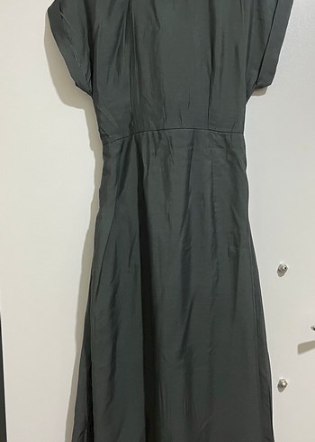 Gri Keten Kadın Uzun Elbise V Yakalı - Görsel 3