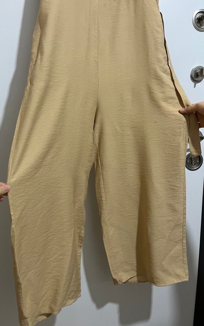 Bej Kemerli Kadın Keten Tulum - Görsel 2