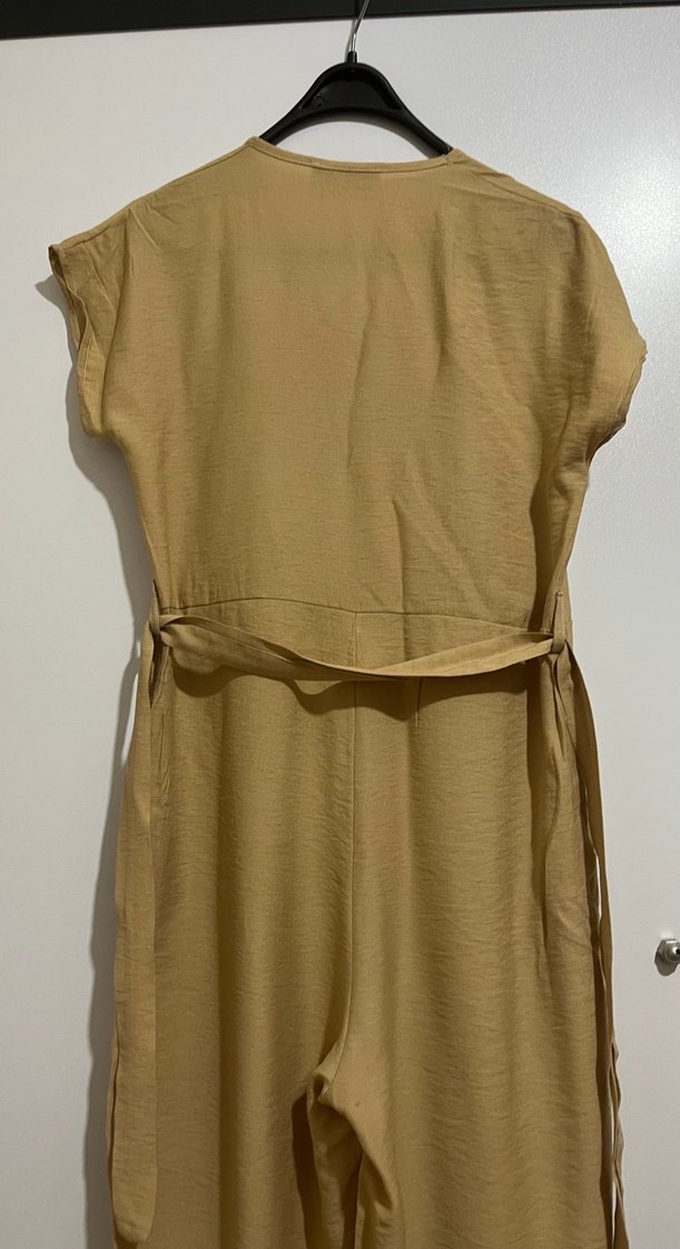 Bej Kemerli Kadın Keten Tulum - Görsel 5